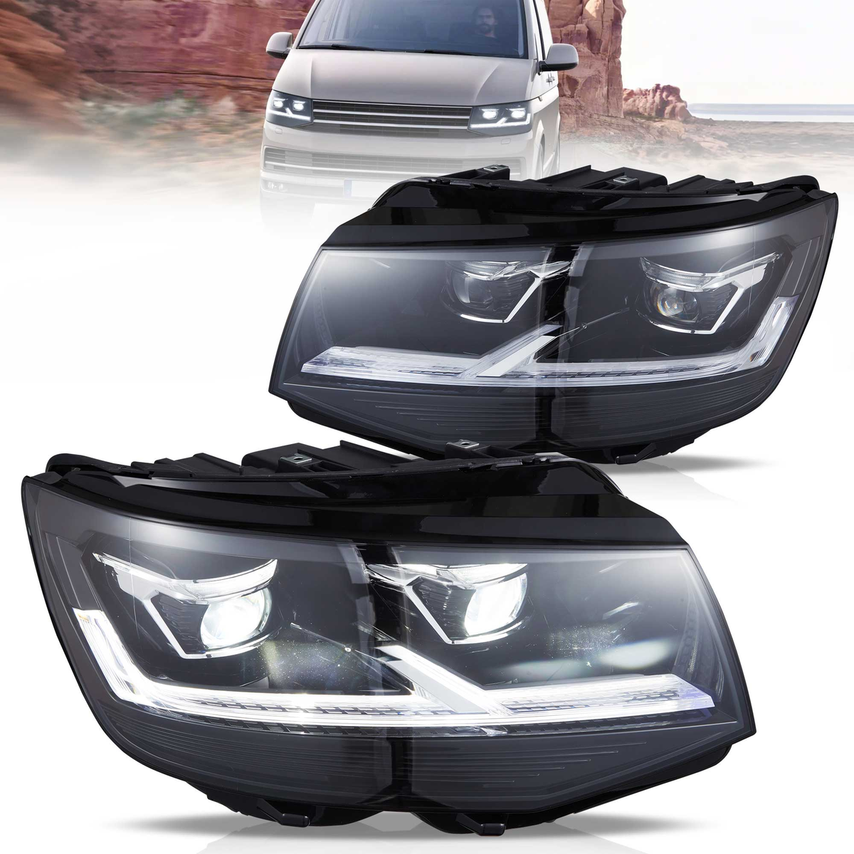 VLAND UK 2015-2019 VW Transporter T6 LED Dual Beam Projector Headlights Black with E-Mark