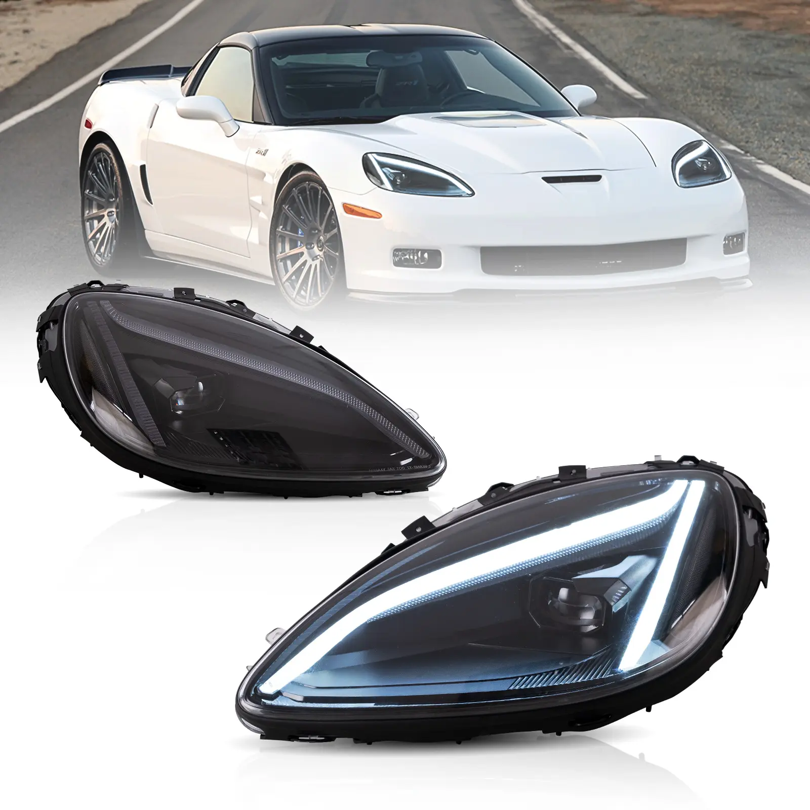 VLAND UK 05-13 Chevrolet Corvette C6 6th Gen EU Vland LED Dual Beam Projector Headlights Black [C8 STYLE]