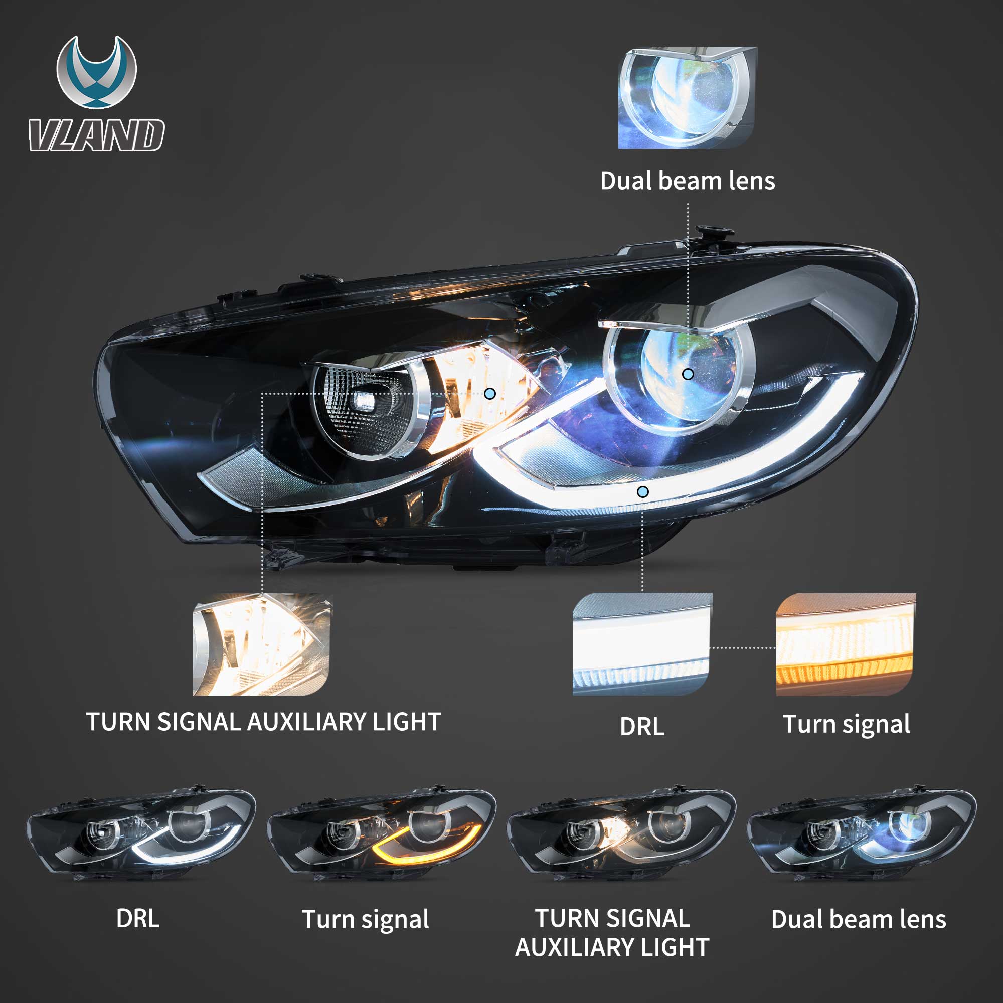 VLAND UK 09-14 VW Scirocco LED Headlights With Start-up animation