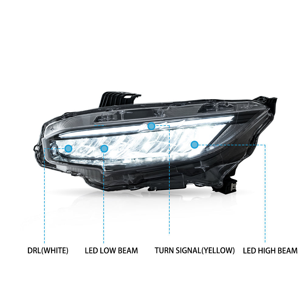 VLAND UK LED Reflection Bowl Headlights For 2016-2021 Honda Civic