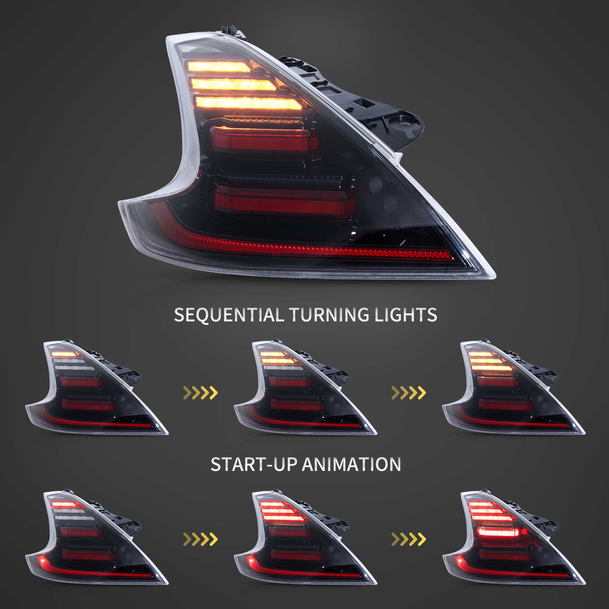 VLAND UK Smoked LED Tail Lights For NISSAN 370Z 2009-2020 w/Sequential & Animation