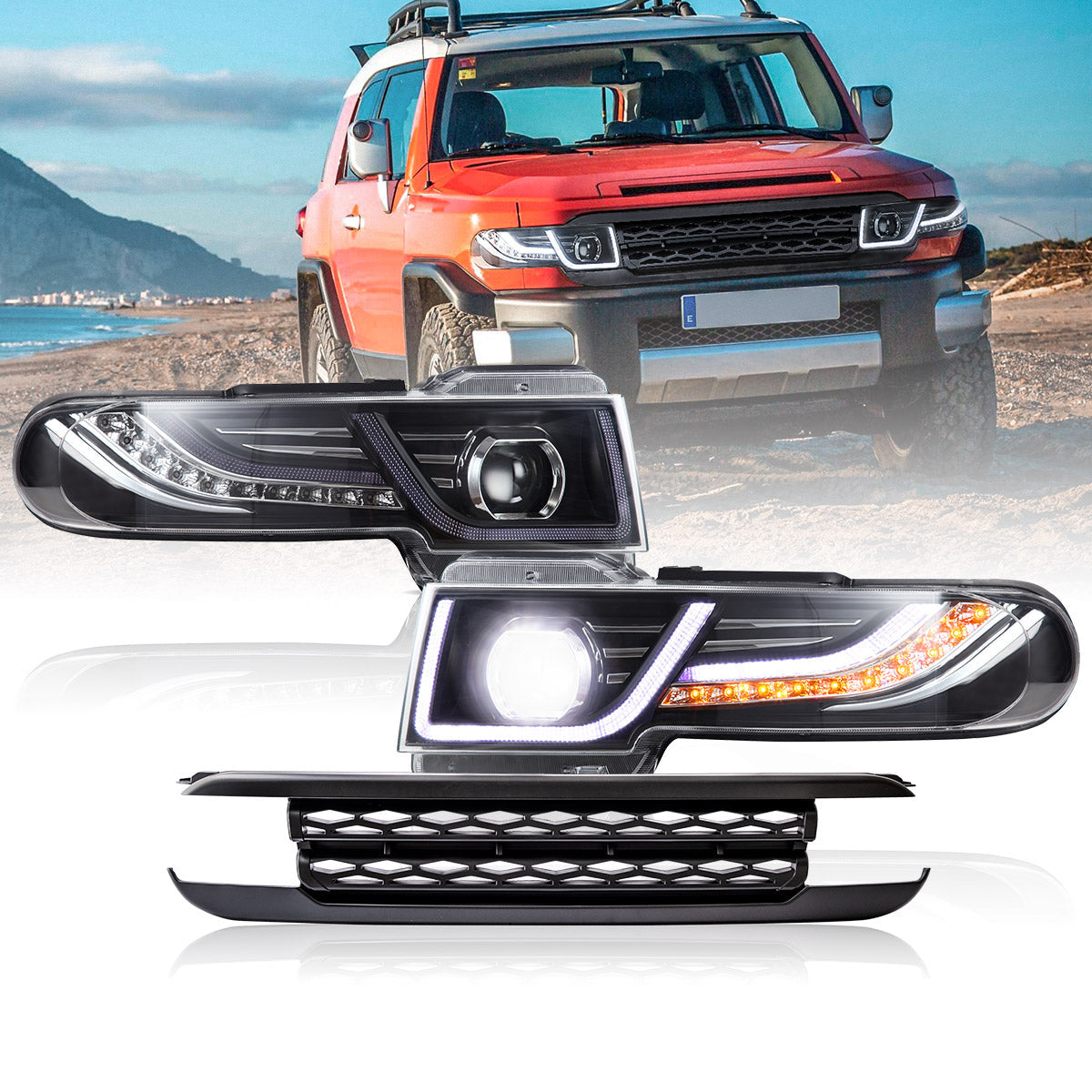 VLAND UK LED Headlights With Grille for 2006-2022 Toyota FJ Cruiser