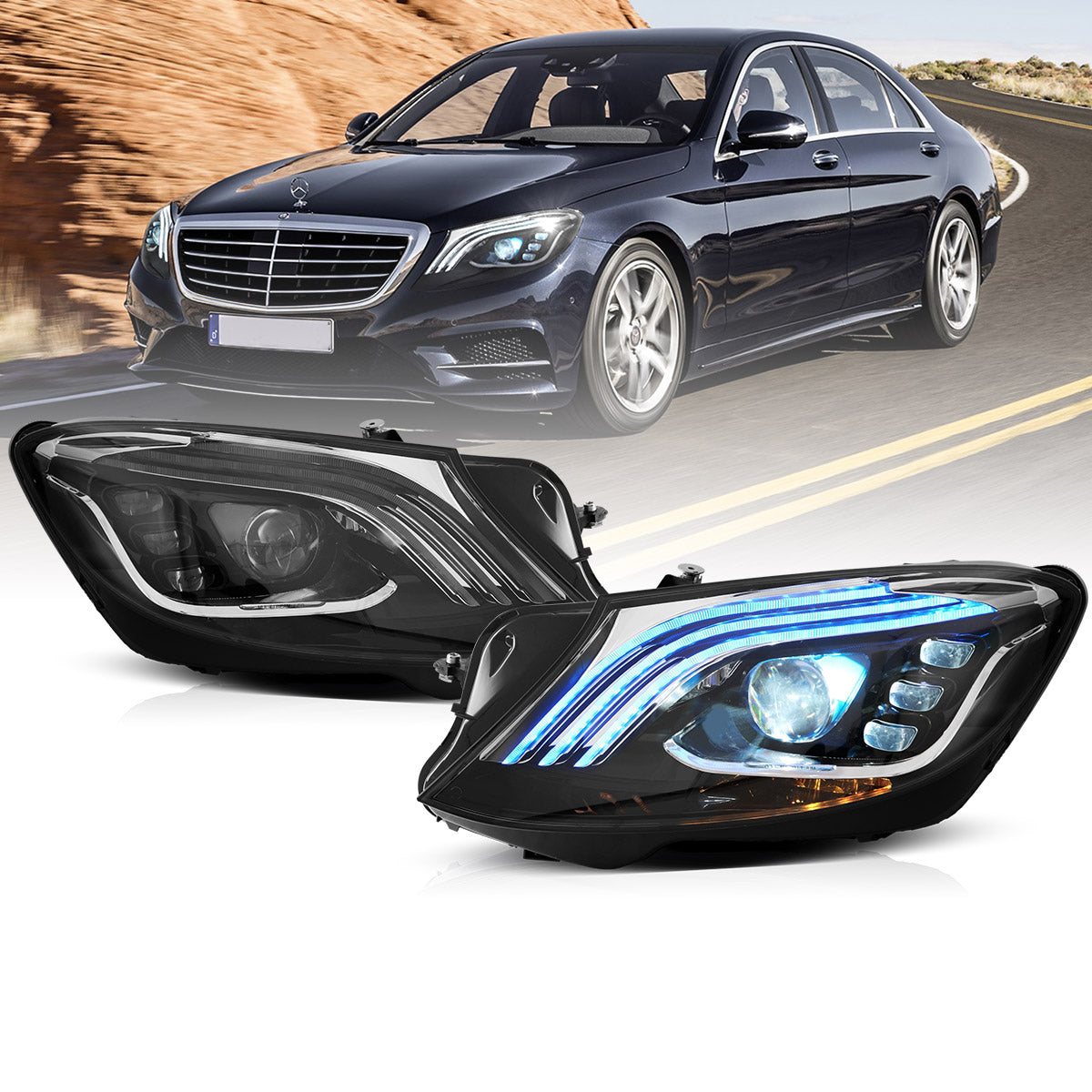 Vland UK14-17 Mercedes-Benz S-Class W222 Vland LED Dual Beam Matrix Headlights Black With Sequential Turn Signal with E-Mark