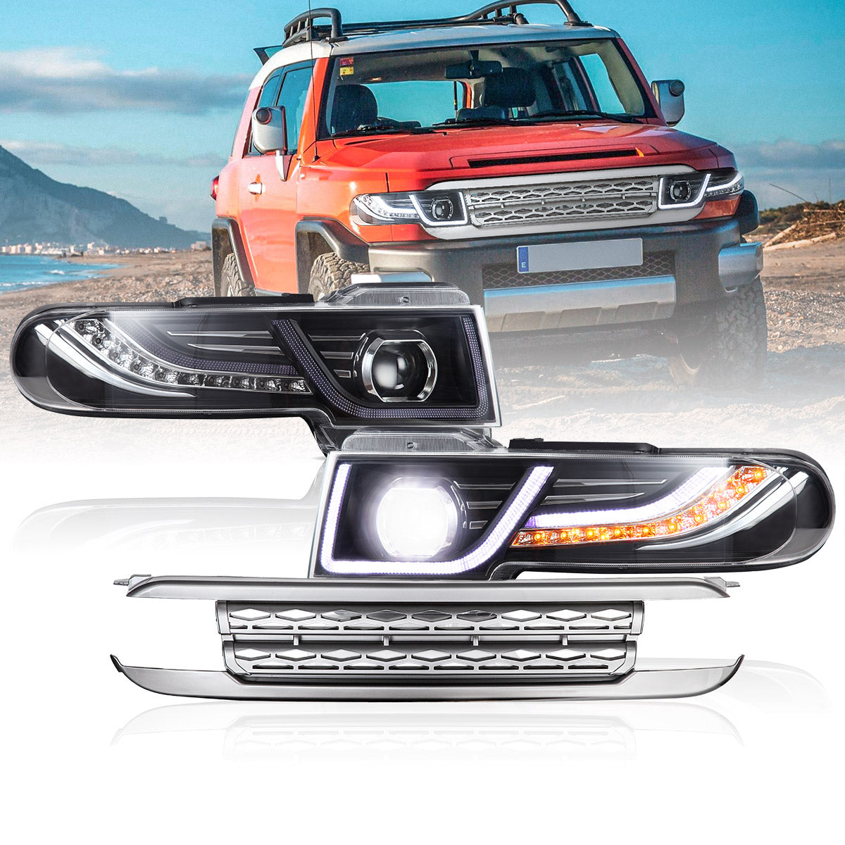 VLAND UK LED Headlights With Grille for 2006-2022 Toyota FJ Cruiser
