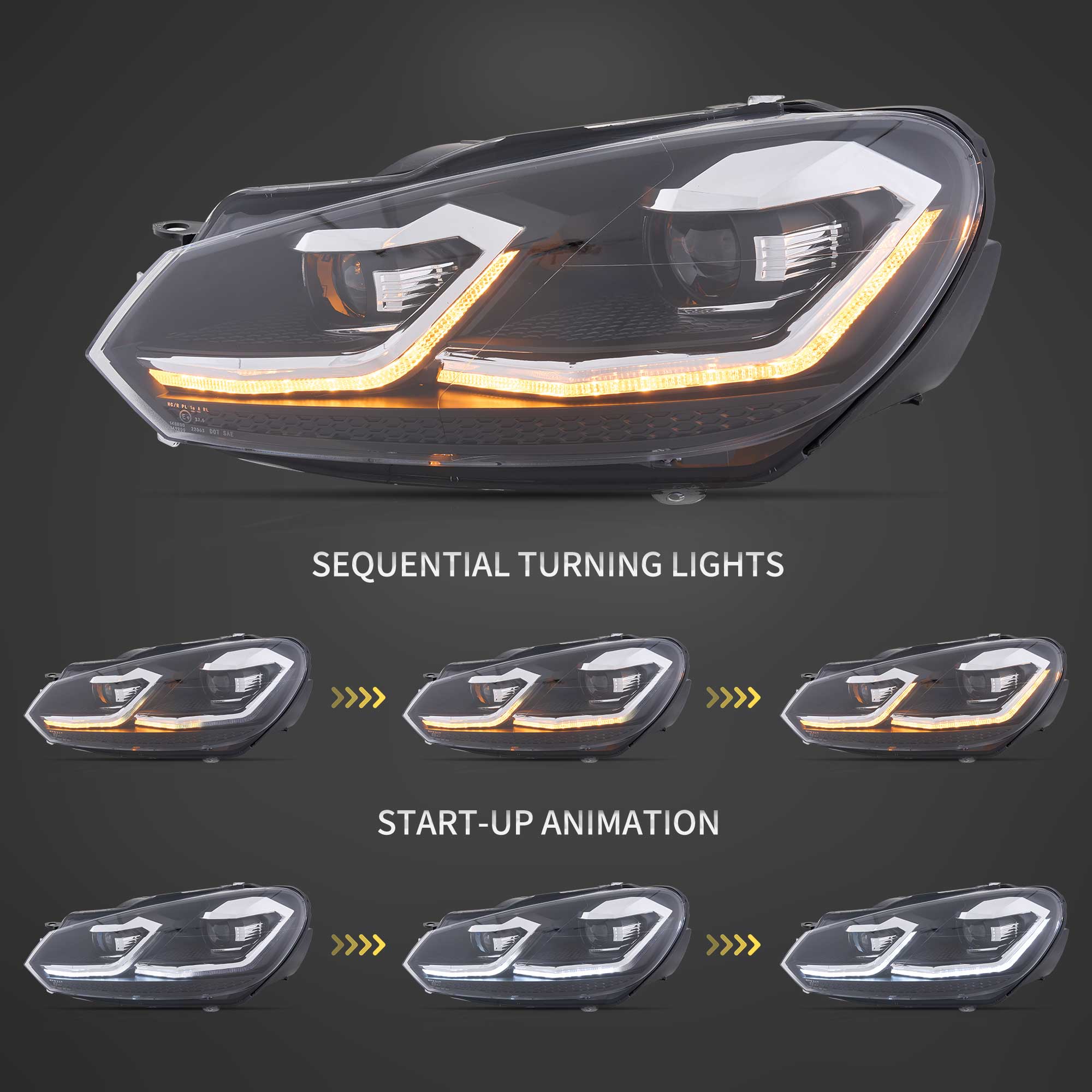 VLAND UK For Volkswagen Golf MK6(MK7.5R Style) 2009-2012 Dynamic LED Headlights W/Animation