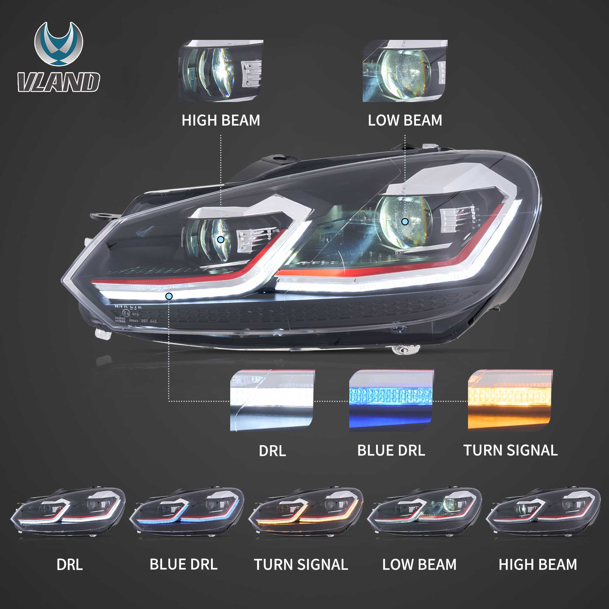 VLAND UK For Volkswagen Golf MK6(MK7.5R Style) 2009-2012 Dynamic LED Headlights W/Animation