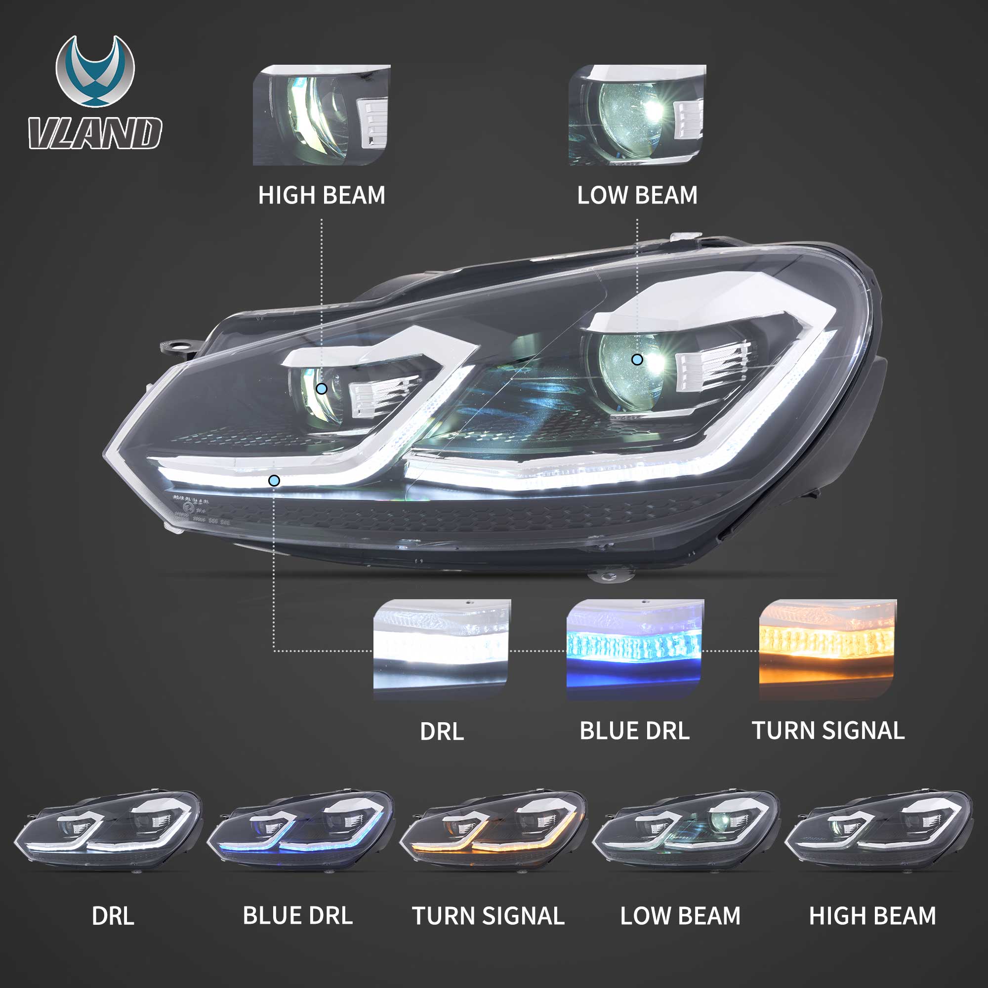 VLAND UK For Volkswagen Golf MK6(MK7.5R Style) 2009-2012 Dynamic LED Headlights W/Animation