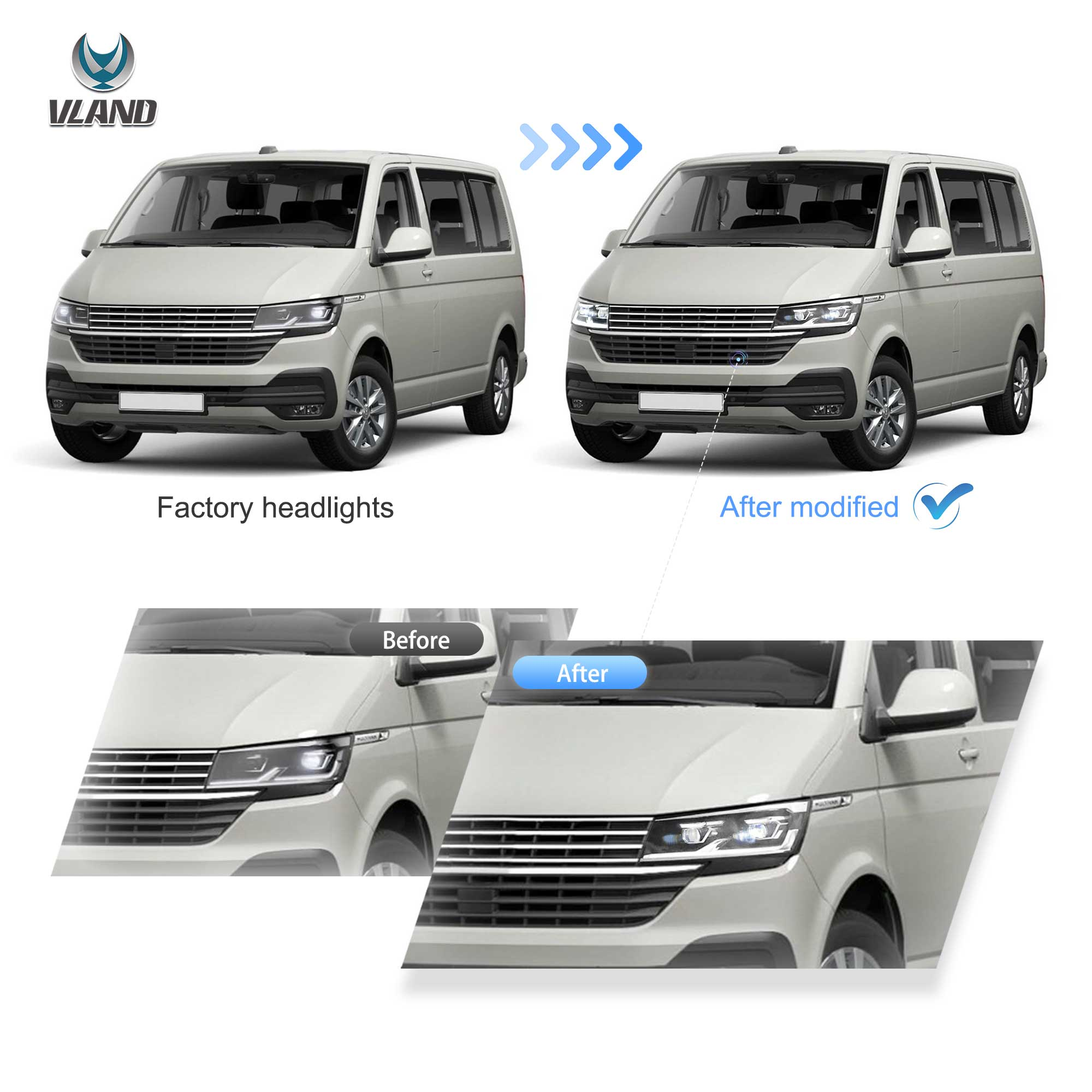 VLAND UK 2019-2024 VW Transporter T6.1 (facelift) LED Dual Beam Projector Headlights Black with E-Mark