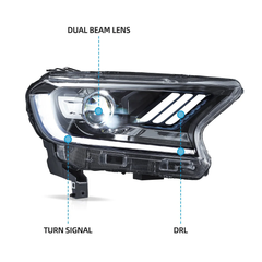 VLAND UK Mustang-Style Headlights For 2016-2022 Ford Ranger PX2 PX3