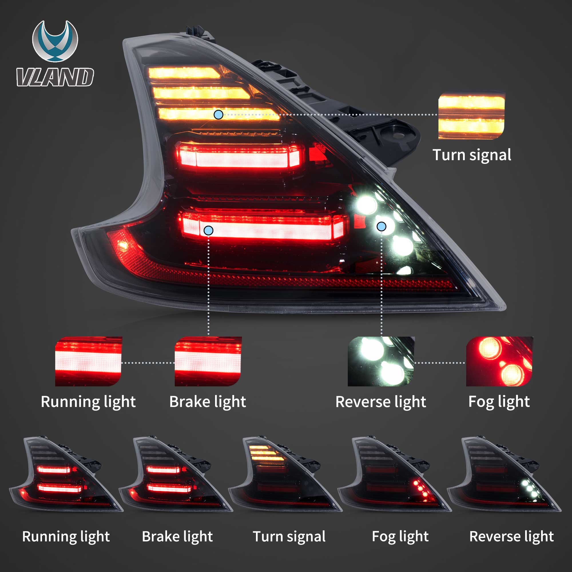 VLAND UK Smoked LED Tail Lights For NISSAN 370Z 2009-2020 w/Sequential & Animation