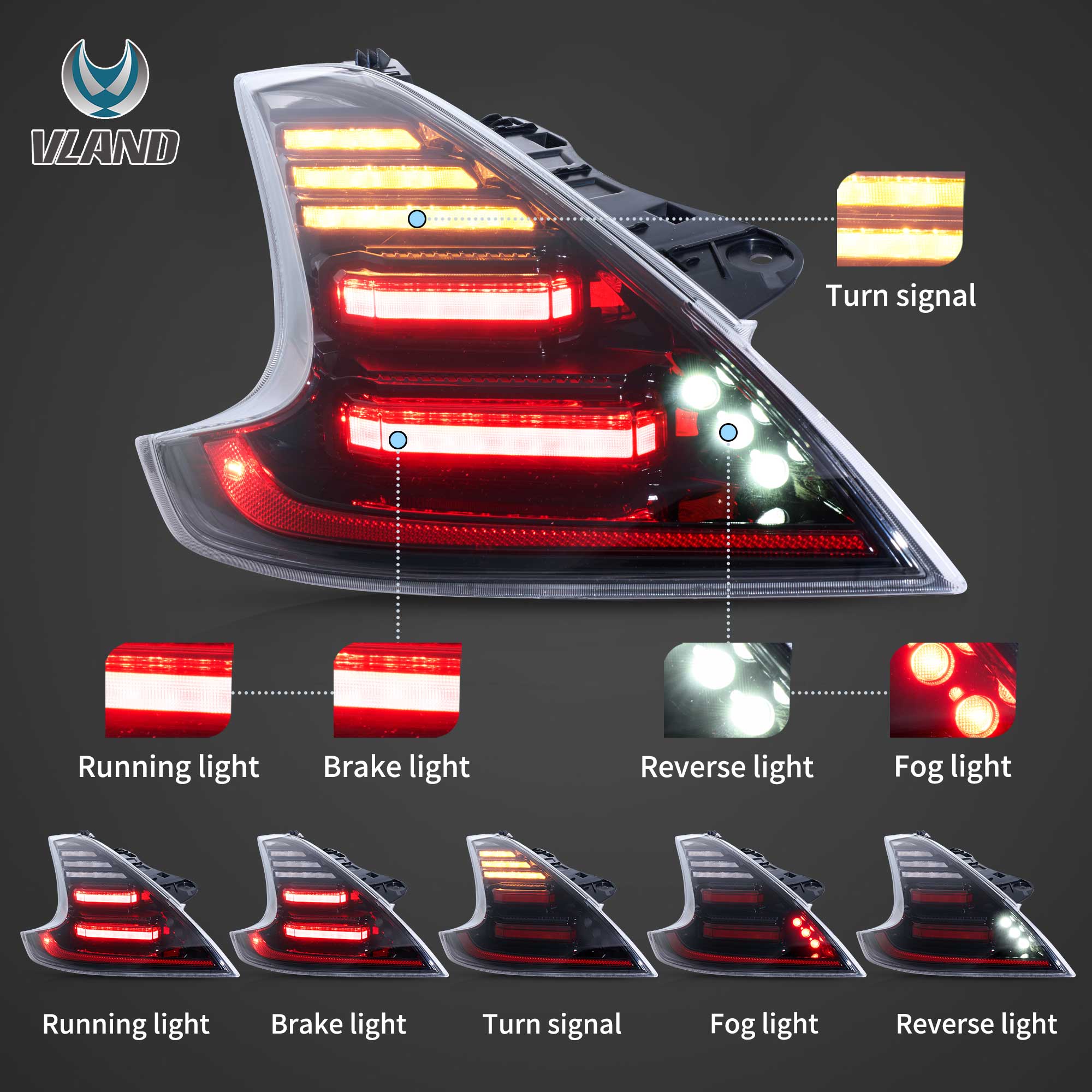 VLAND UK Smoked LED Tail Lights For NISSAN 370Z 2009-2020 w/Sequential & Animation