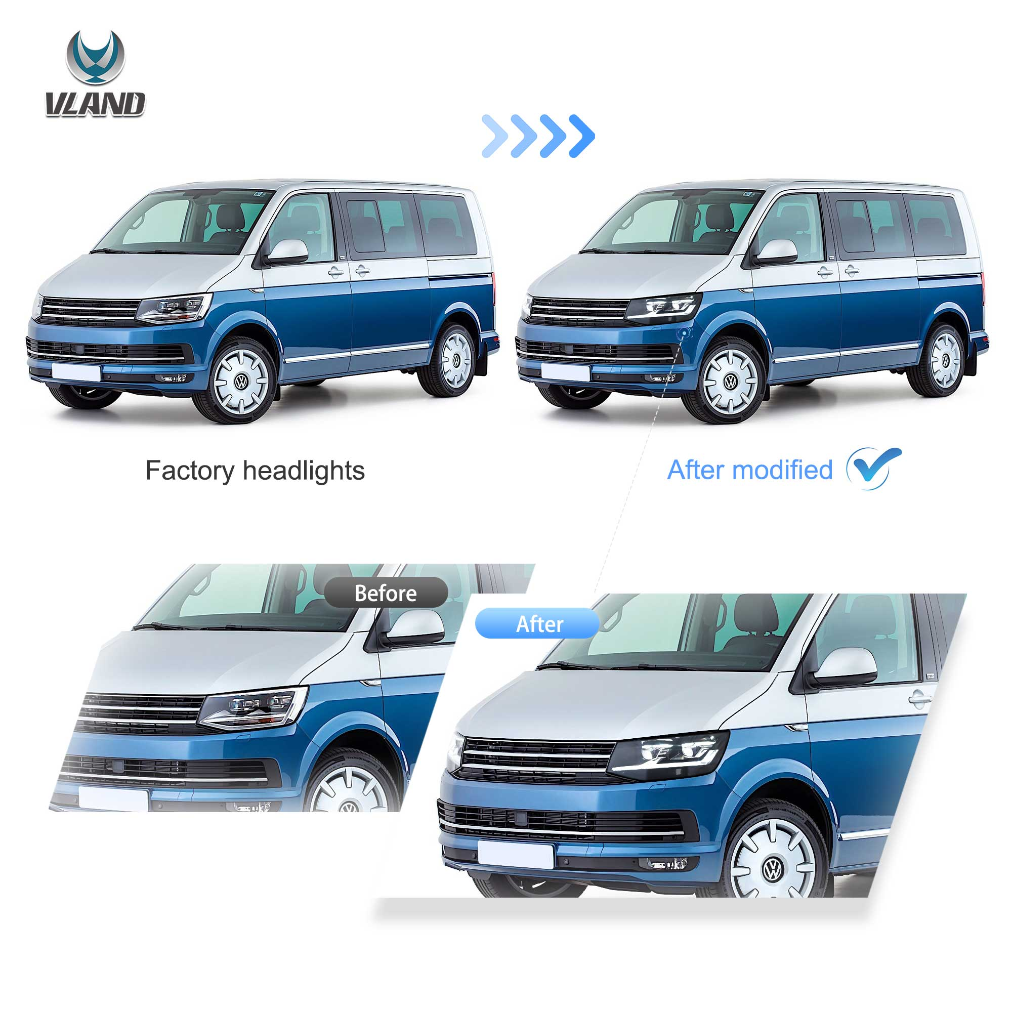 VLAND UK 2015-2019 VW Transporter T6 LED Dual Beam Projector Headlights Black with E-Mark