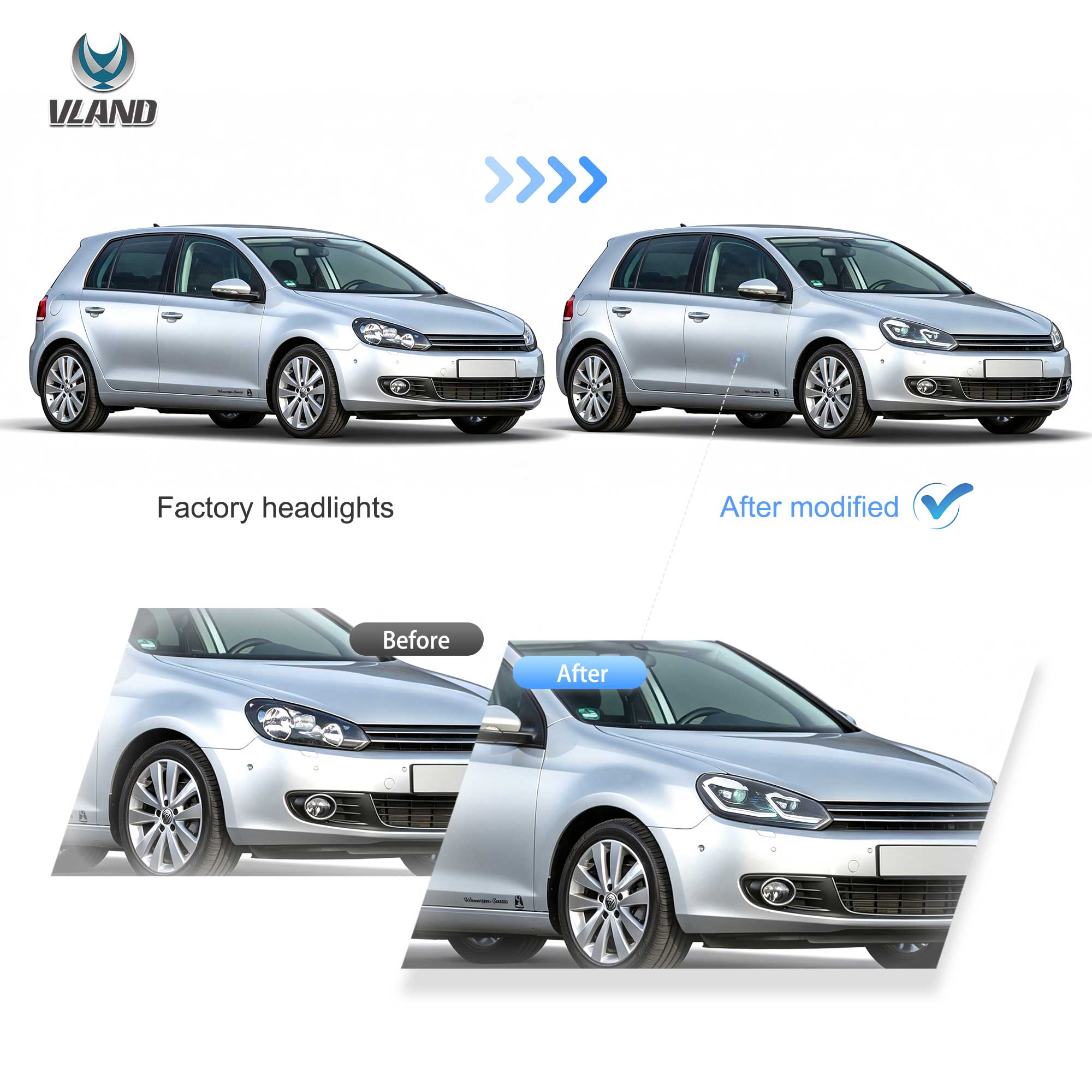 VLAND UK For Volkswagen Golf MK6(MK7.5R Style) 2009-2012 Dynamic LED Headlights W/Animation