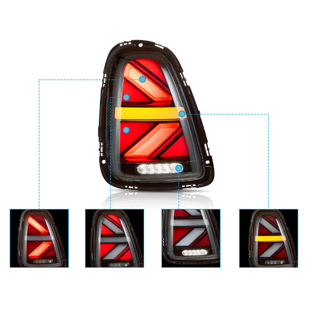 VLAND UK LED Taillights For 2007-2013 Mini Cooper(Hatch) R56 R57 R58 R59 With Amber Sequential Turn Signal with E-Mark
