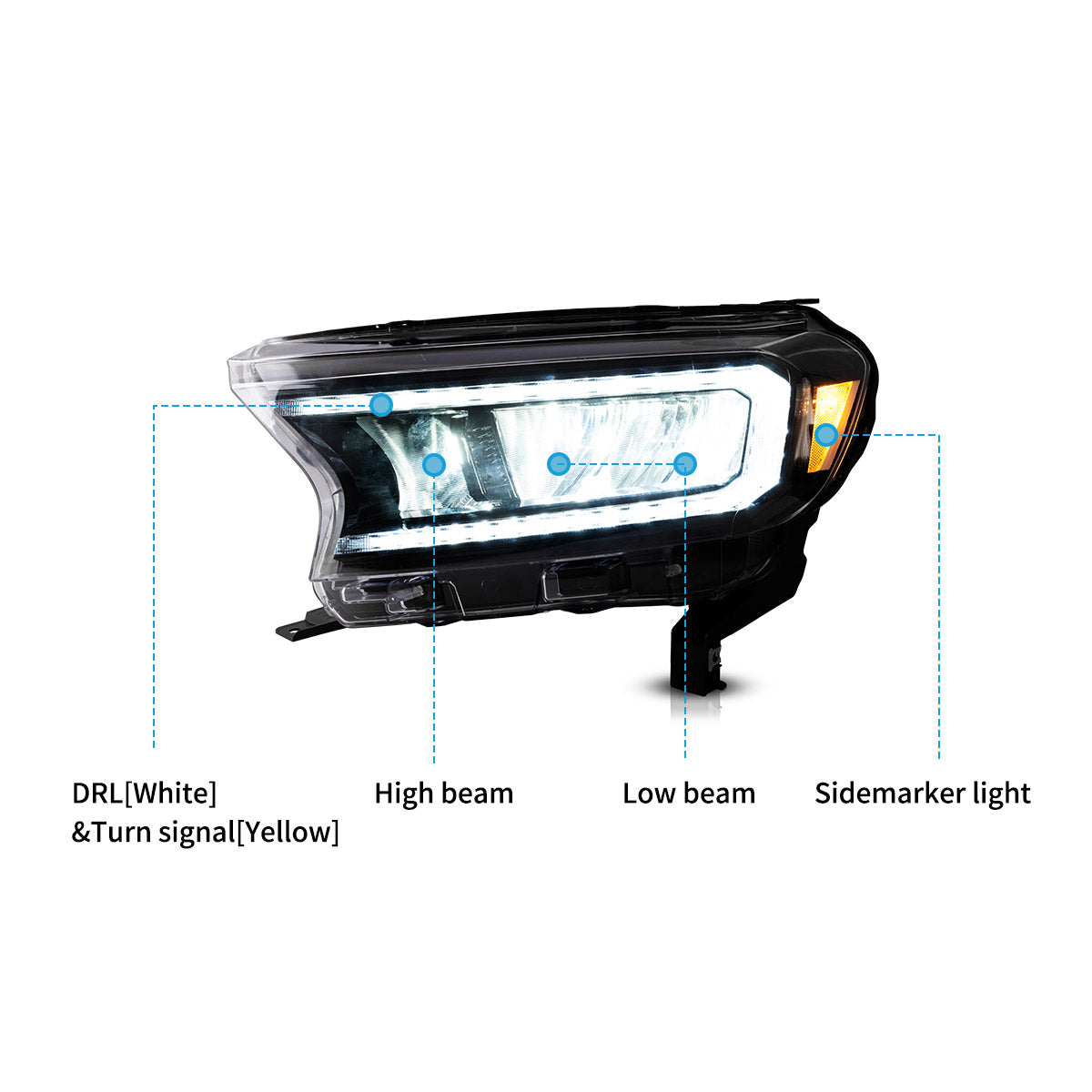 VLAND UK LED Reflection Bowl Headlights 2016-2022 PX Ford Ranger with E-Mark