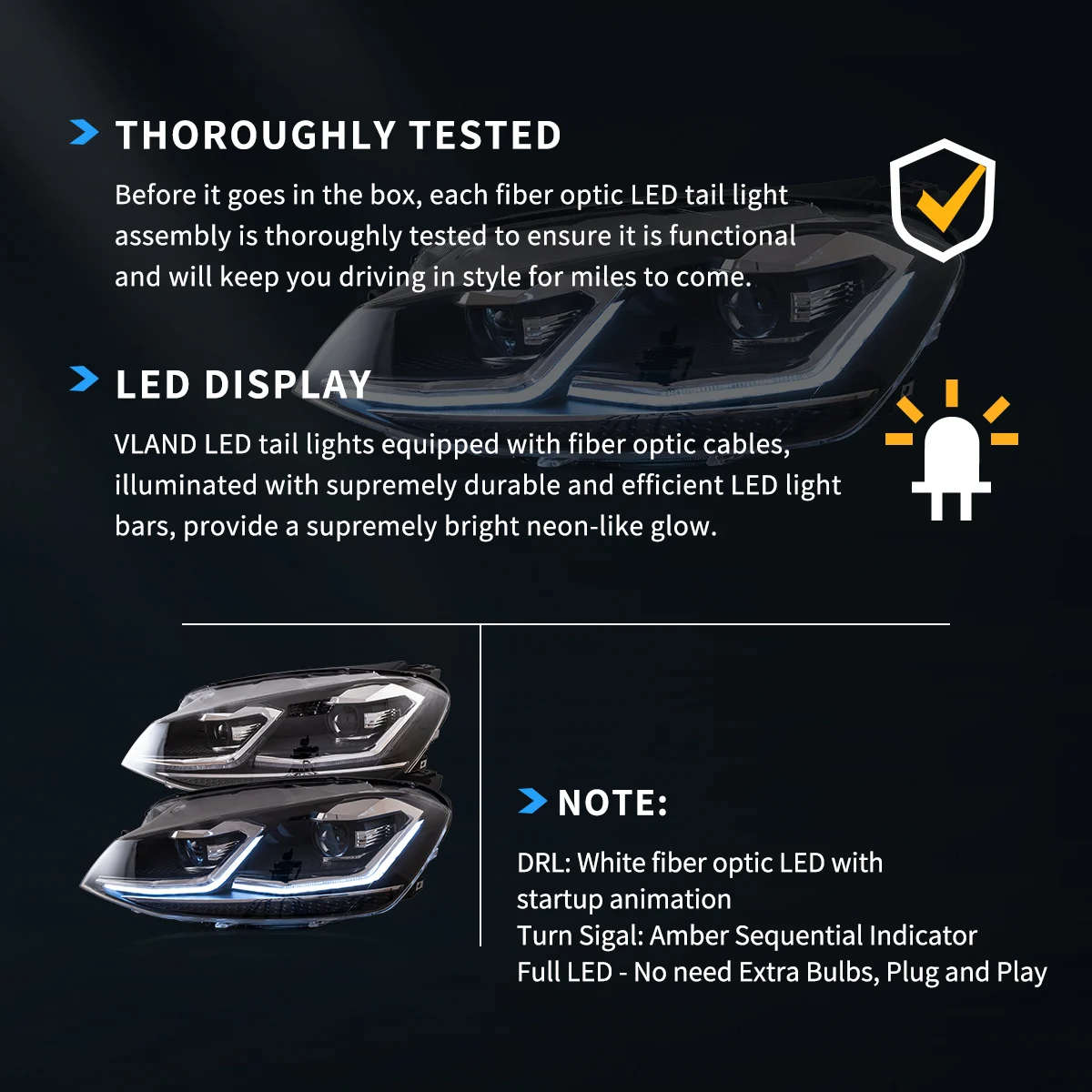 VLAND UK 15-17 Volkswagen Golf 7th Gen (Mk7,Typ 5G) Vland Projector Headlights Black with E-Mark