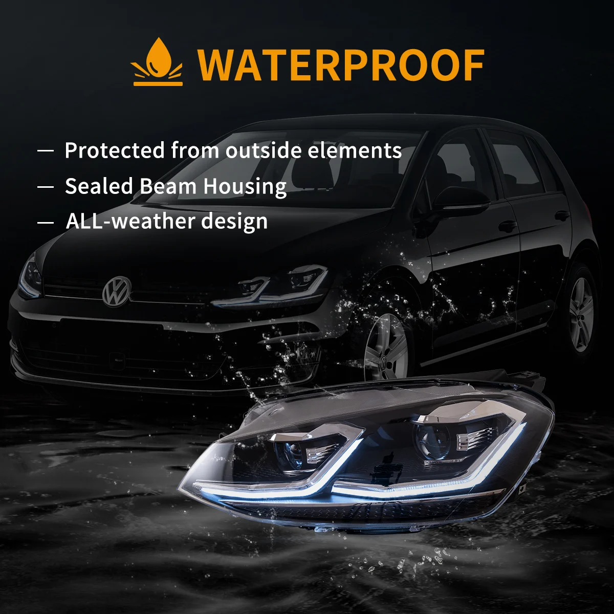 VLAND UK 15-17 Volkswagen Golf 7th Gen (Mk7,Typ 5G) Vland Projector Headlights Black with E-Mark