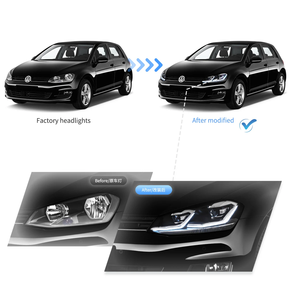 VLAND UK 15-17 Volkswagen Golf 7th Gen (Mk7,Typ 5G) Vland Projector Headlights Black with E-Mark