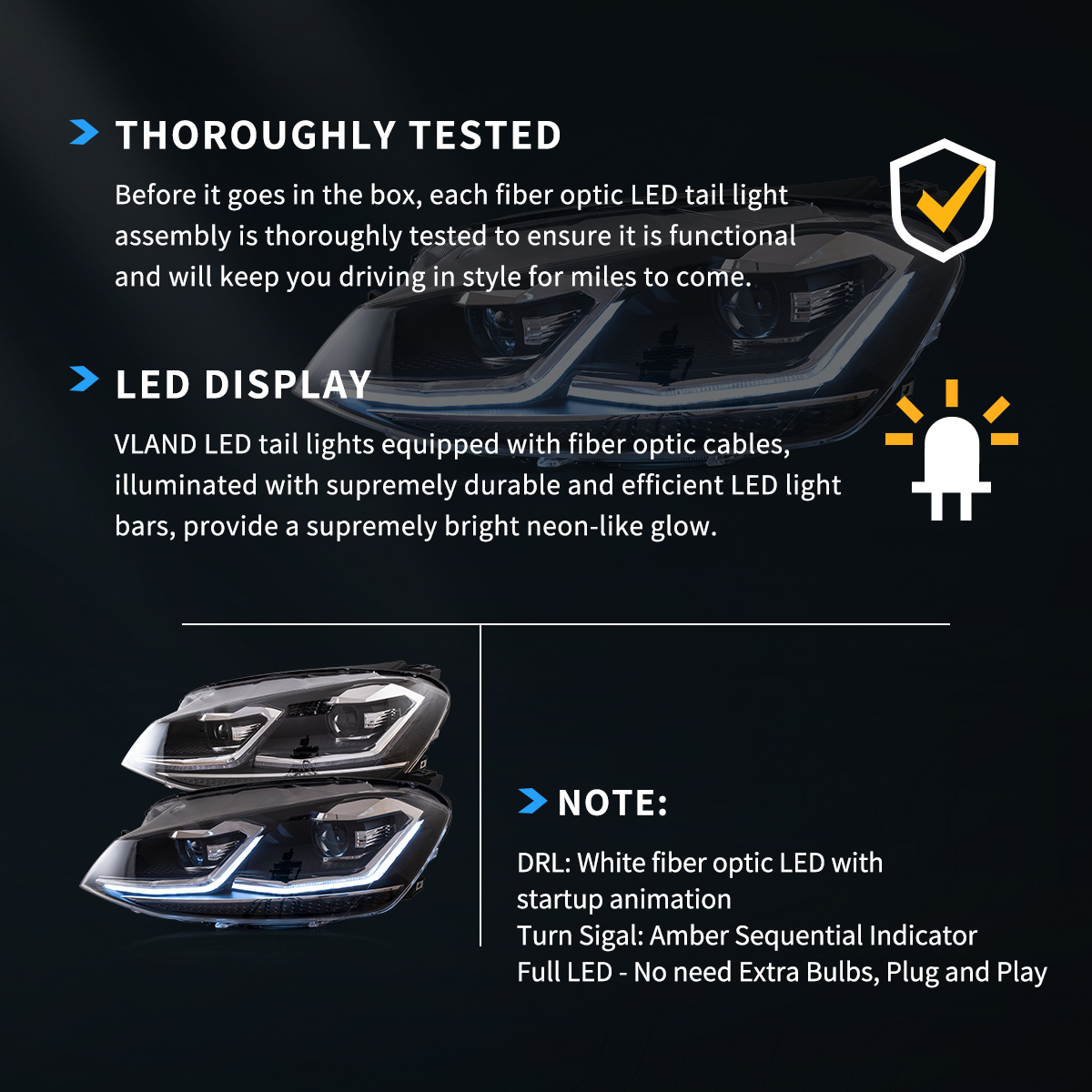 VLAND UK Full LED Headlights For Volkswagen 2015-2017 Golf MK7 Halogen Models (Europe is 2013-2016) with E-Mark