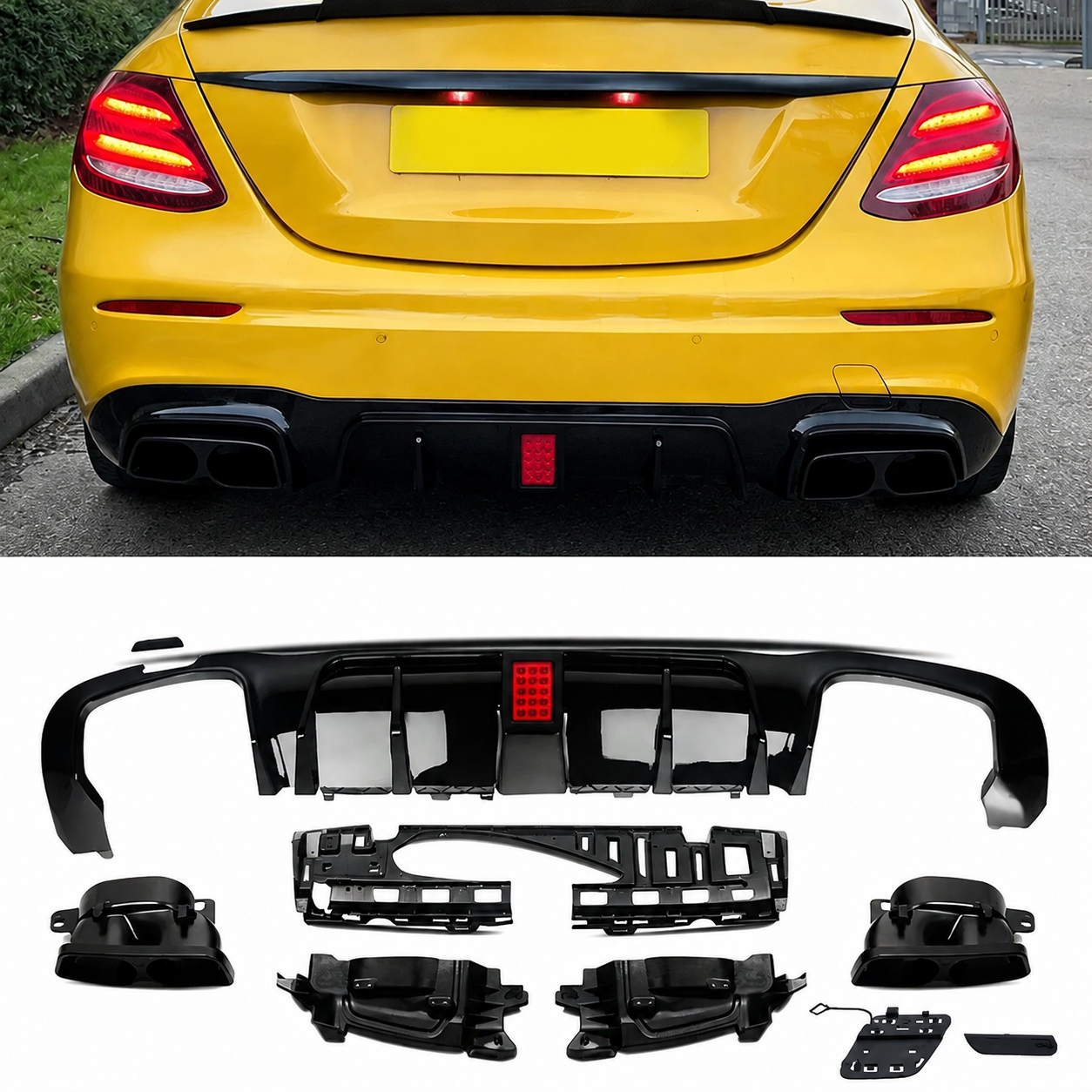 F1 Style Rear Diffuser W/LED+Exhaust Tips For Benz W213 E300 E43 E63 2016-2020