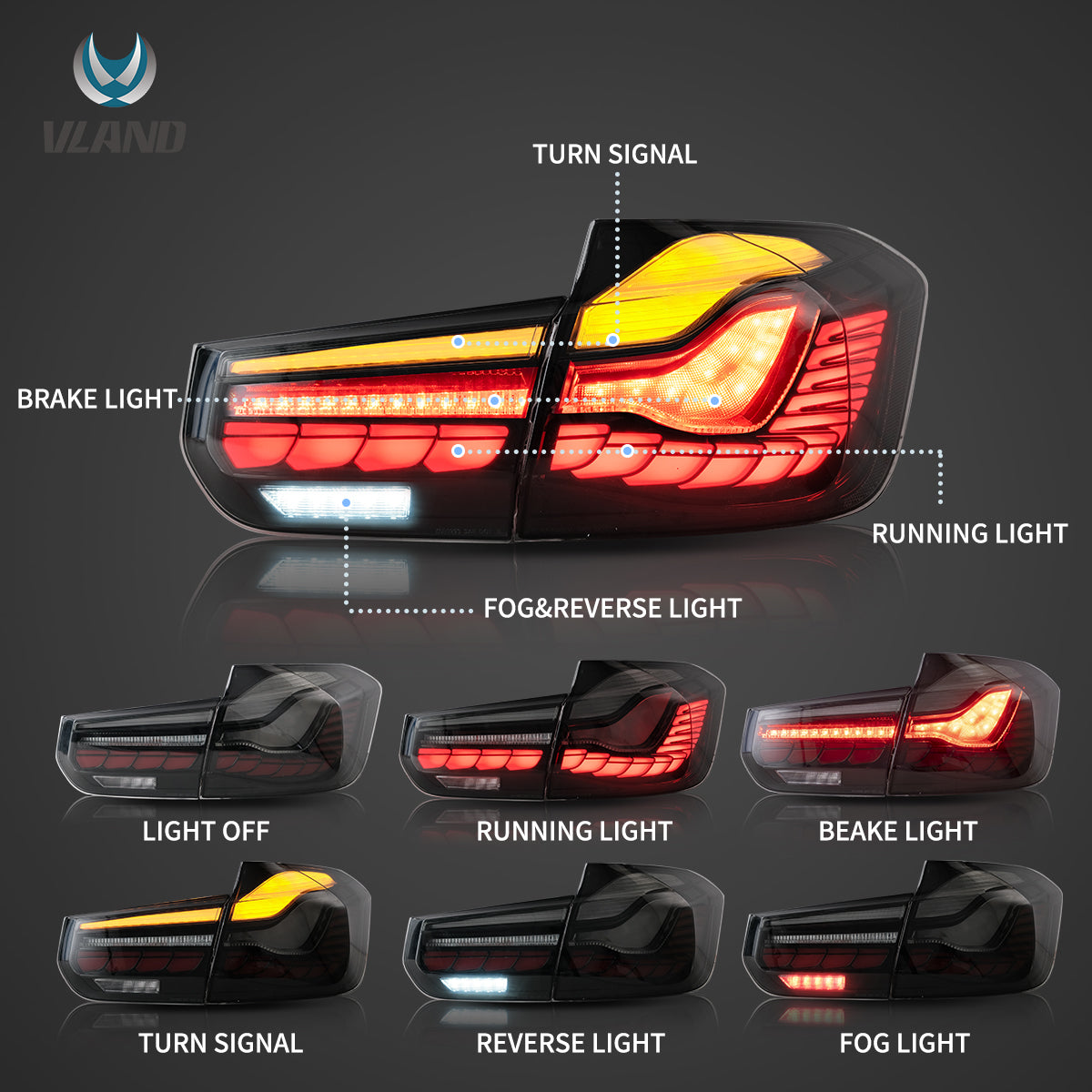Vland UK 12-19 BMW 3 Series (F30 F80) Tail Lights With LED GTS Style with E-Mark