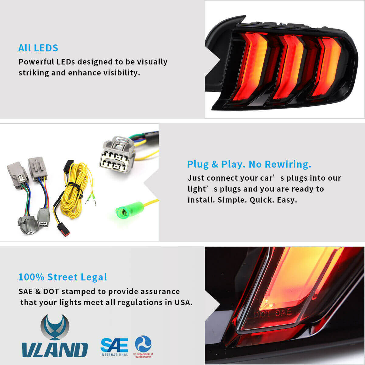 Vland UK 2015-2023 Ford Mustang S550 LED Tail Lights w/5 modes Turn Signal