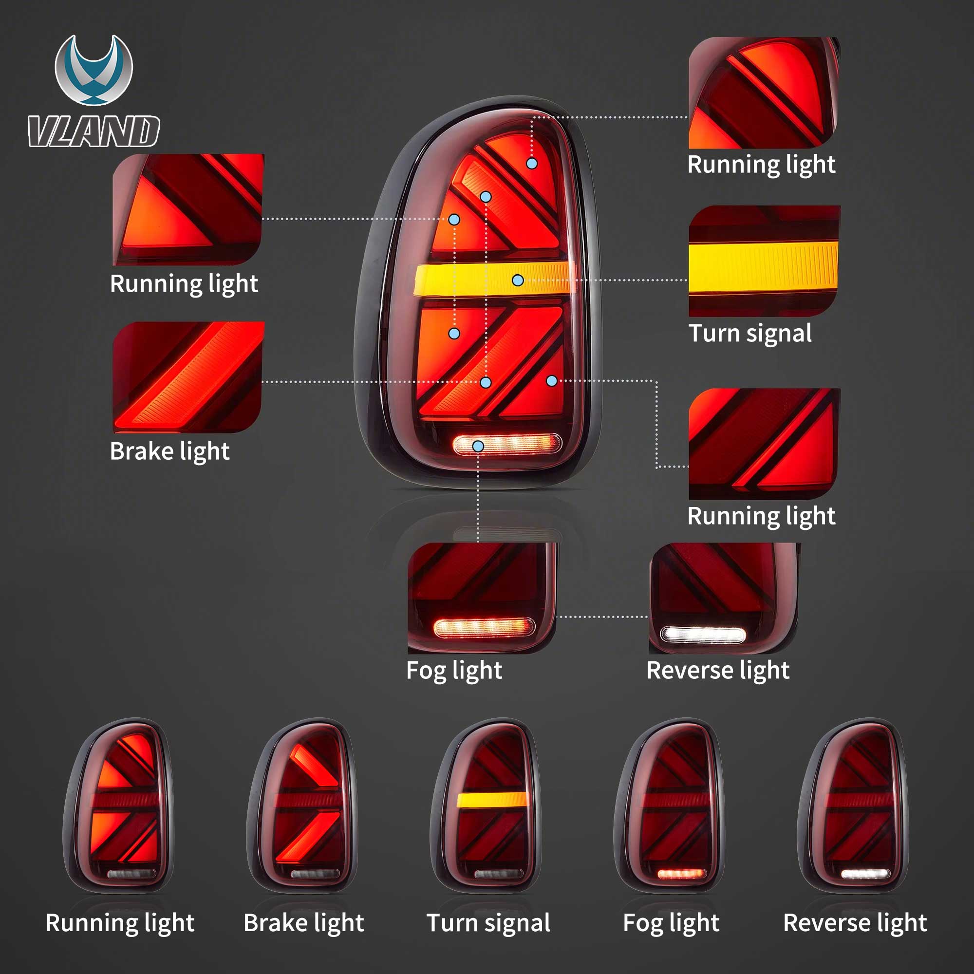 Vland UK  10-16 Mini Cooper Countryman R60 LED Tail Lights with E-Mark