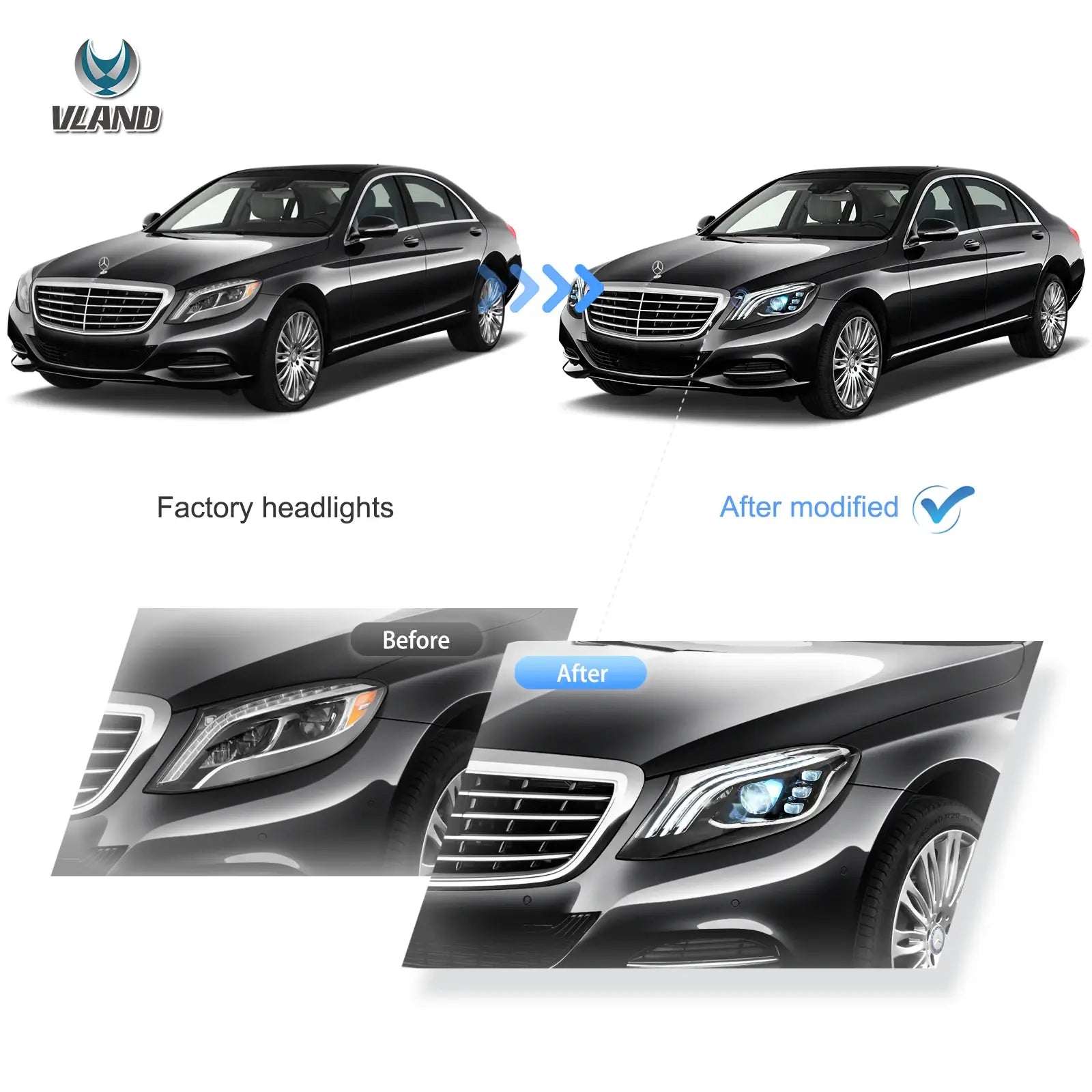 Vland UK14-17 Mercedes-Benz S-Class W222 Vland LED Dual Beam Matrix Headlights Black With Sequential Turn Signal with E-Mark