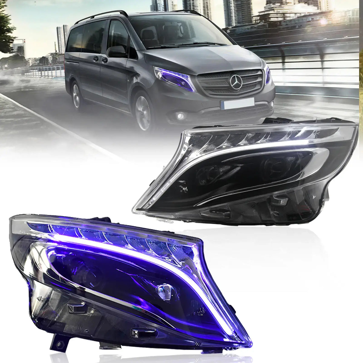 VLAND UK LED Headlights For 16-23 Mercedes Benz Metris/Vito W447 With Blue DRL