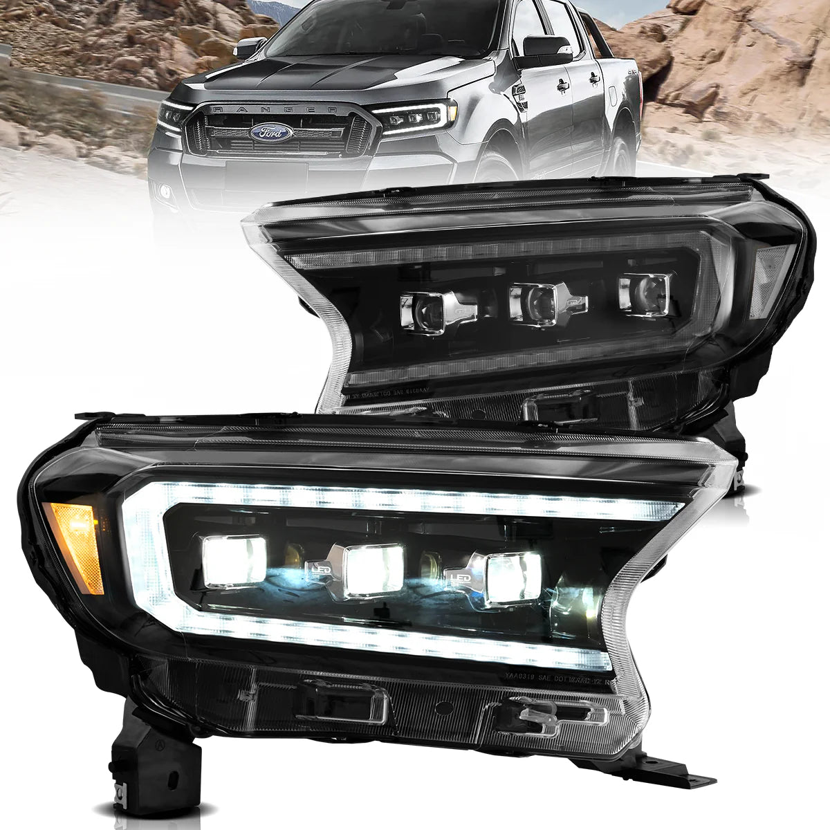 VLAND UK LED Matrix Headlights for 2016-2022 Ford Ranger PX with E-Mark