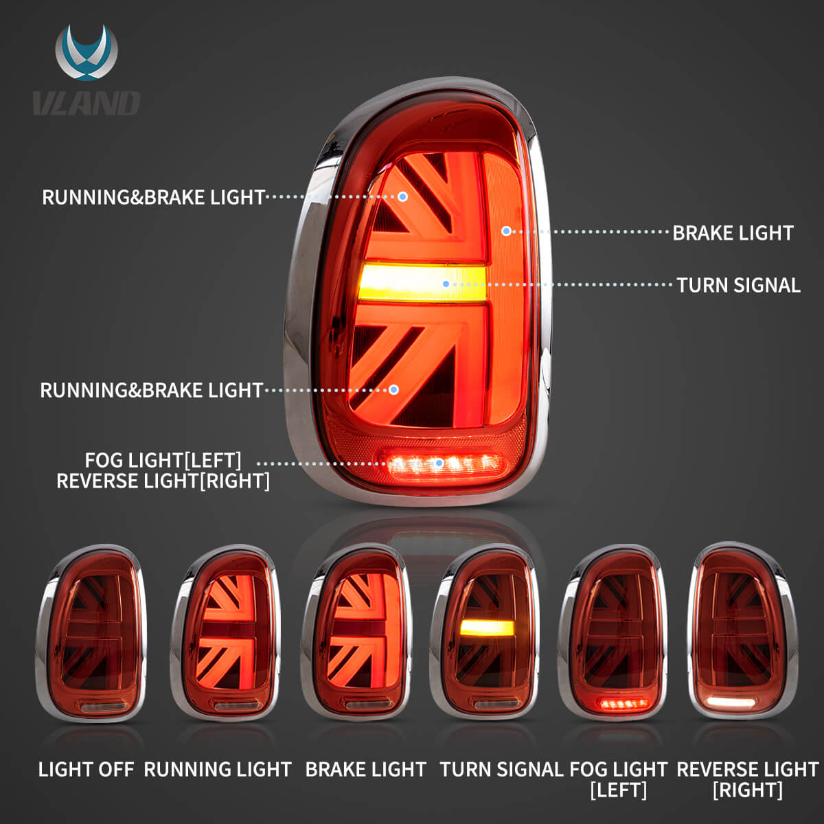 VLAND UK 10-16 Mini Cooper Countryman R60 Vland LED Tail Lights With Dynamic Welcome Lighting